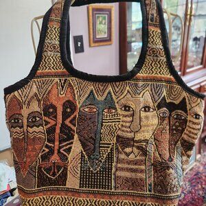 Laurel Burch Tapestry Cat Bag Purse Vintage Cat Faces Zip Top Collectible
